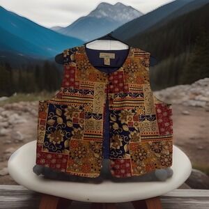 Telluride Clothing Co Vest Womens 10 Burgundy Navy Gold Silk Floral‎ Patchwork